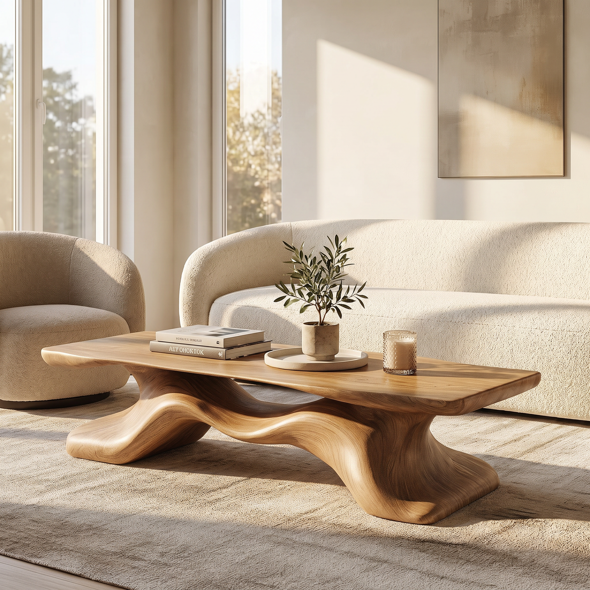 Coffee Table Solid Wood with Sculptural Flowing Bridge Base