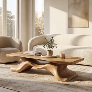 Coffee Table Solid Wood with Sculptural Flowing Bridge Base