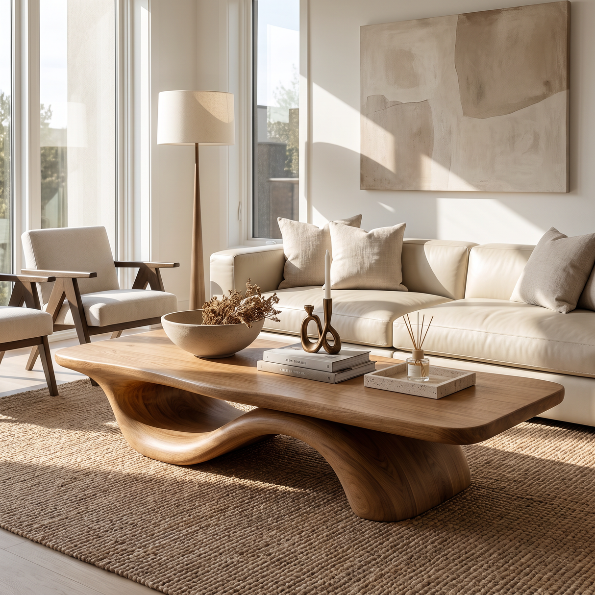 Coffee Table Solid Wood with Sculptural Wave Bridge Base for Living Room