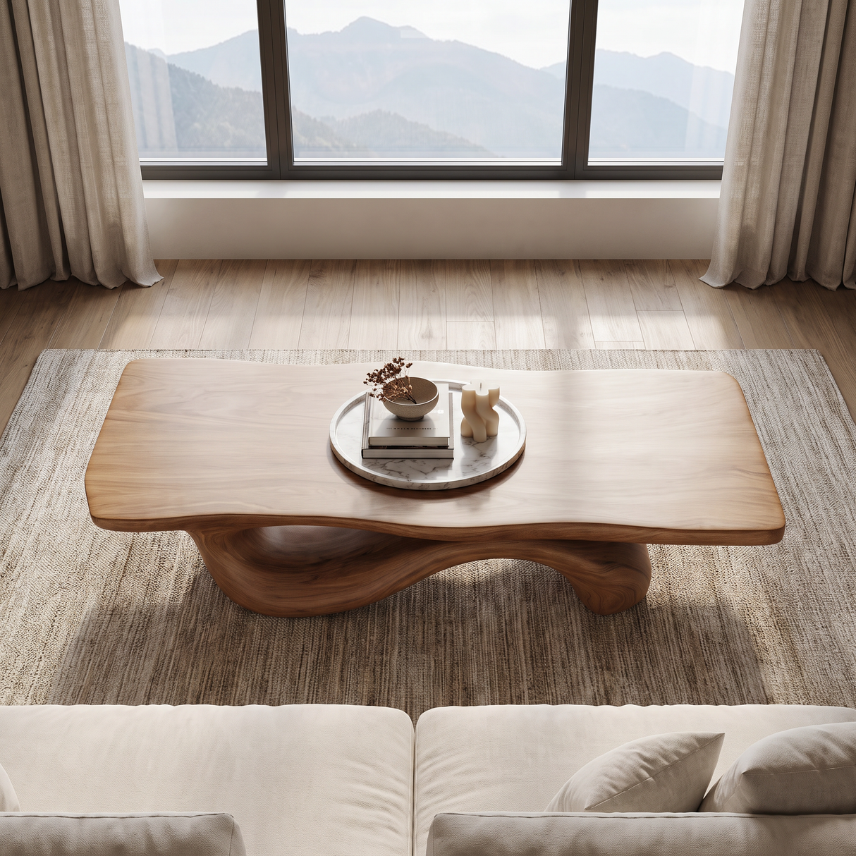 Coffee Table Solid Wood with Sculptural Wave Bridge Base for Living Room