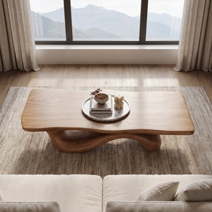 Coffee Table Solid Wood with Sculptural Wave Bridge Base for Living Room