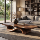 Coffee Table Solid Wood with Sculptural Wave Bridge Base for Living Room
