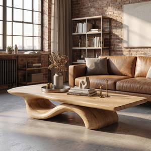 Coffee Table Solid Wood with Sculptural Wave Bridge Base for Living Room