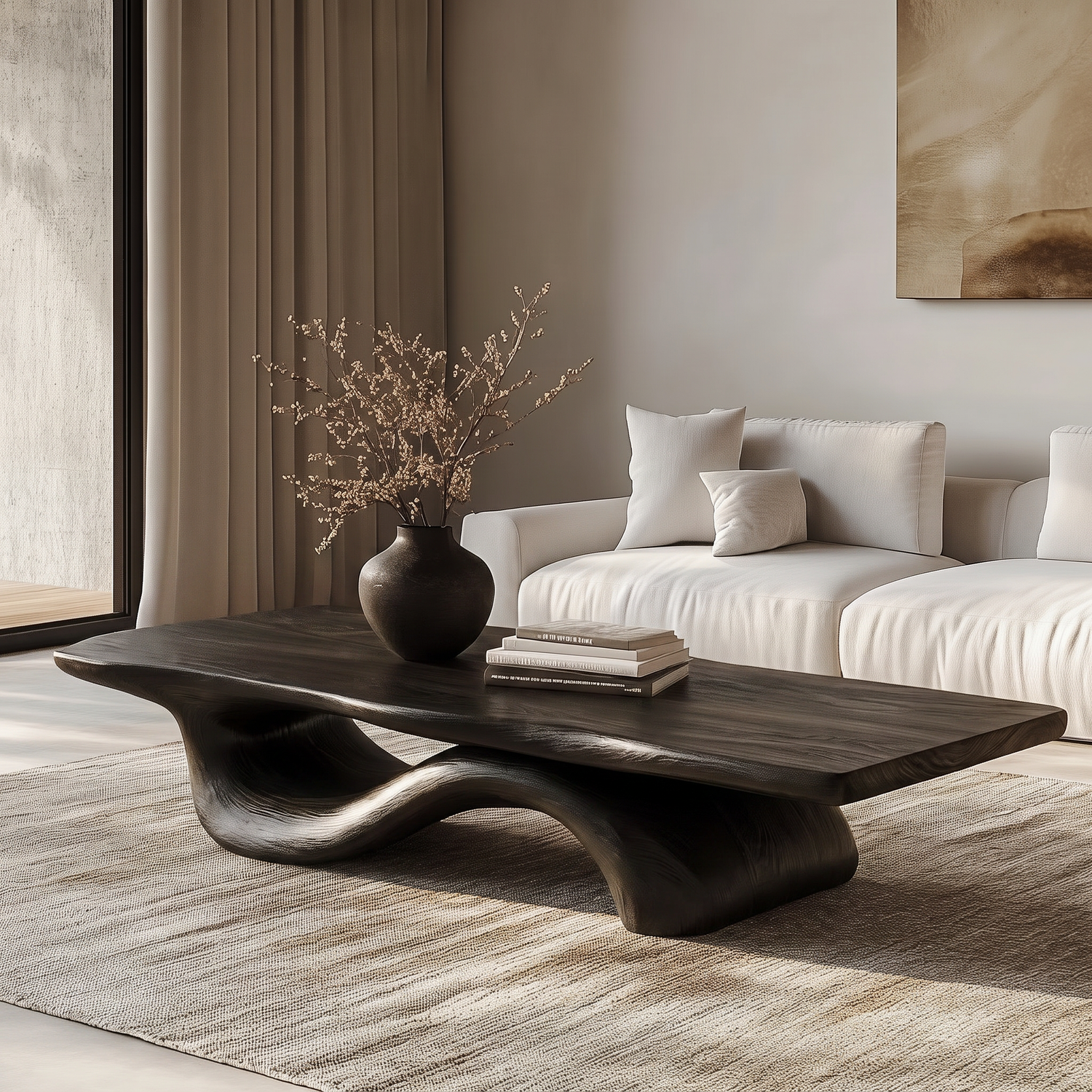 Coffee Table Solid Wood with Sculptural Wave Bridge Base for Living Room