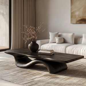 Coffee Table Solid Wood with Sculptural Wave Bridge Base for Living Room