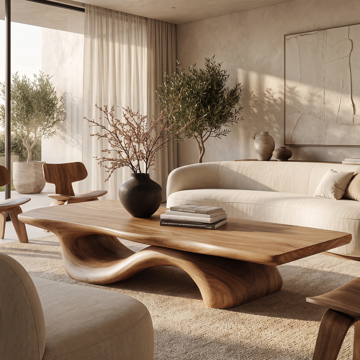 Coffee Table Solid Wood with Sculptural Wave Bridge Base for Living Room