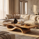 Coffee Table Solid Wood with Sculptural Wave Bridge Base for Living Room