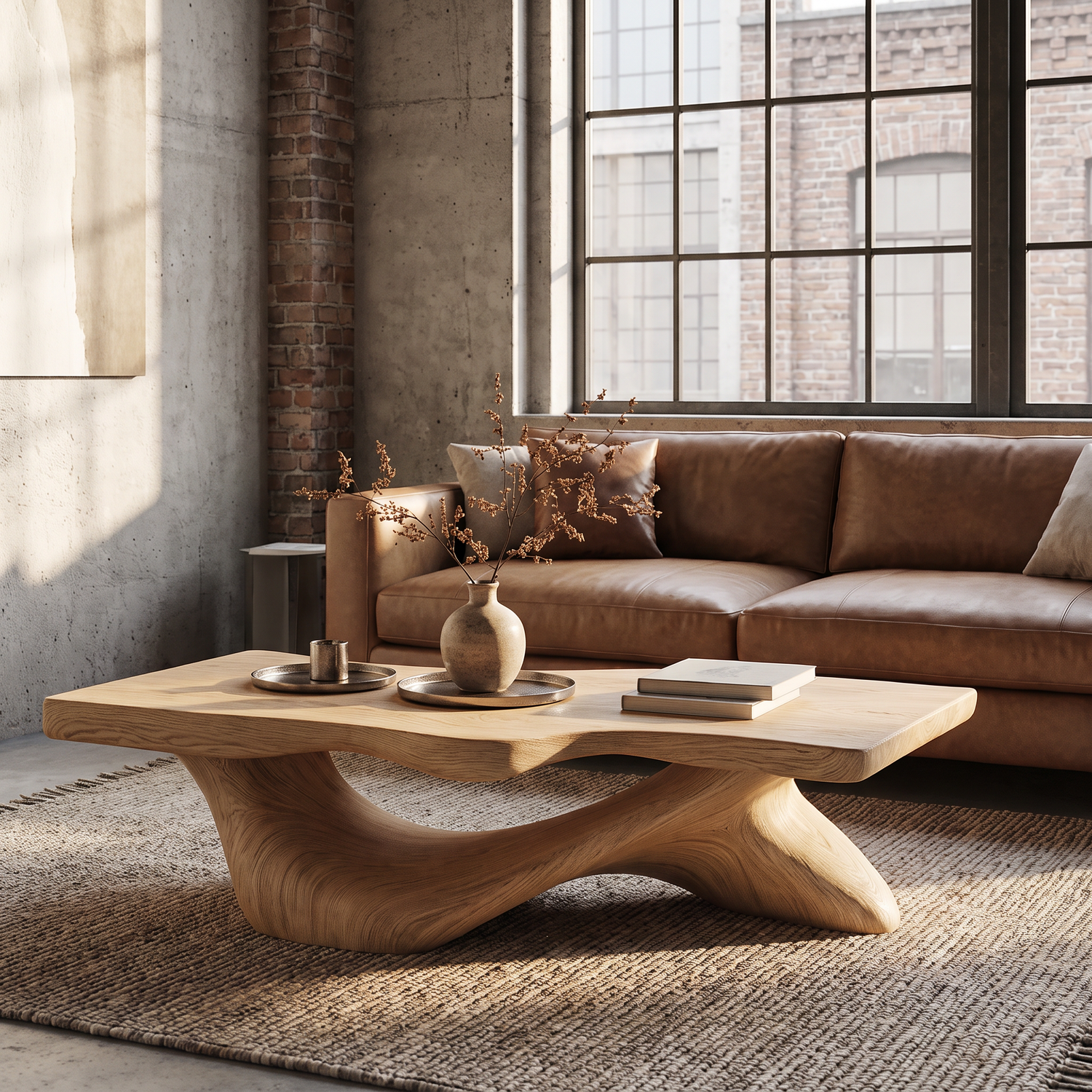 Coffee Table Solid Wood with Sculptural Open Arch Base for Living Room