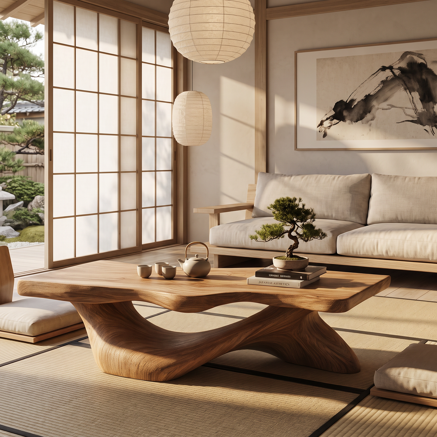 Coffee Table Solid Wood with Sculptural Open Arch Base for Living Room