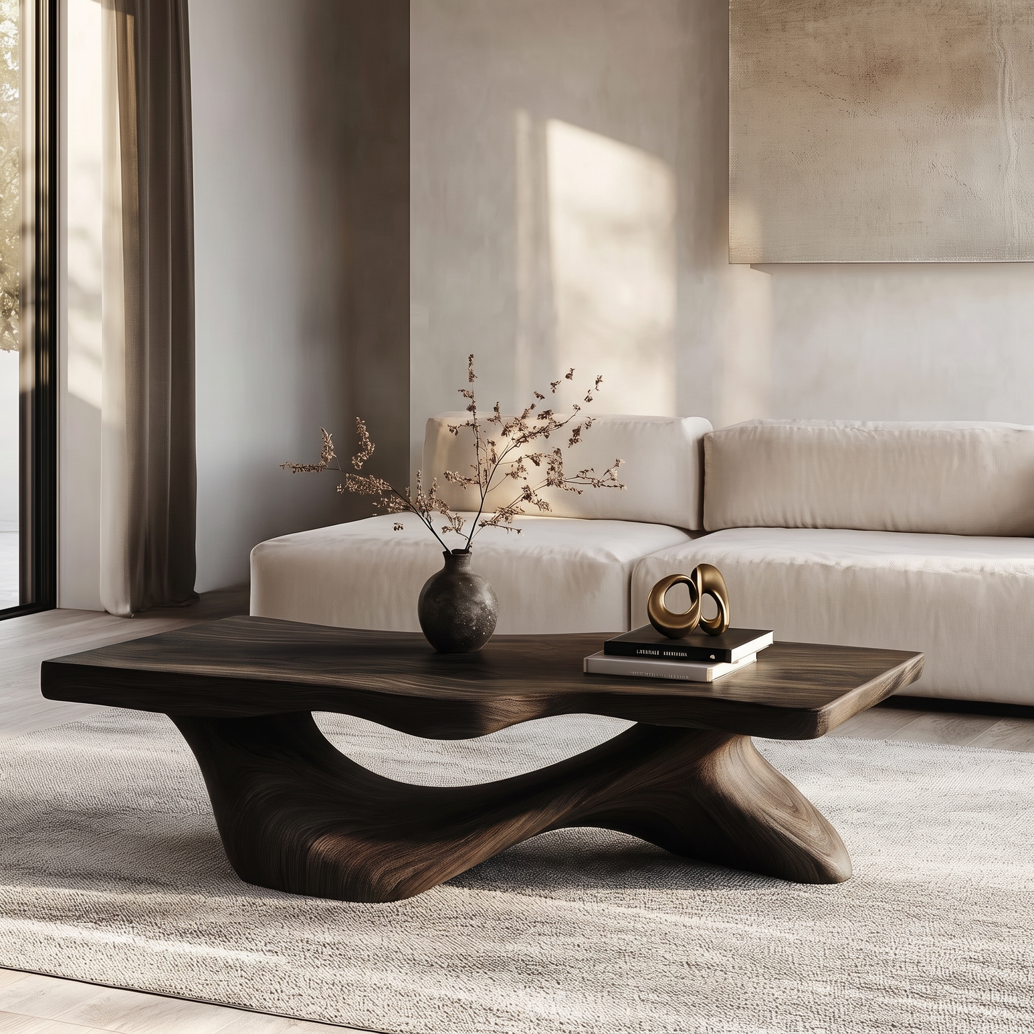 Coffee Table Solid Wood with Sculptural Open Arch Base for Living Room