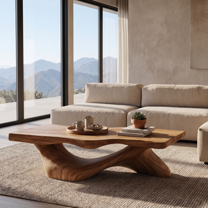 Coffee Table Solid Wood with Sculptural Open Arch Base for Living Room