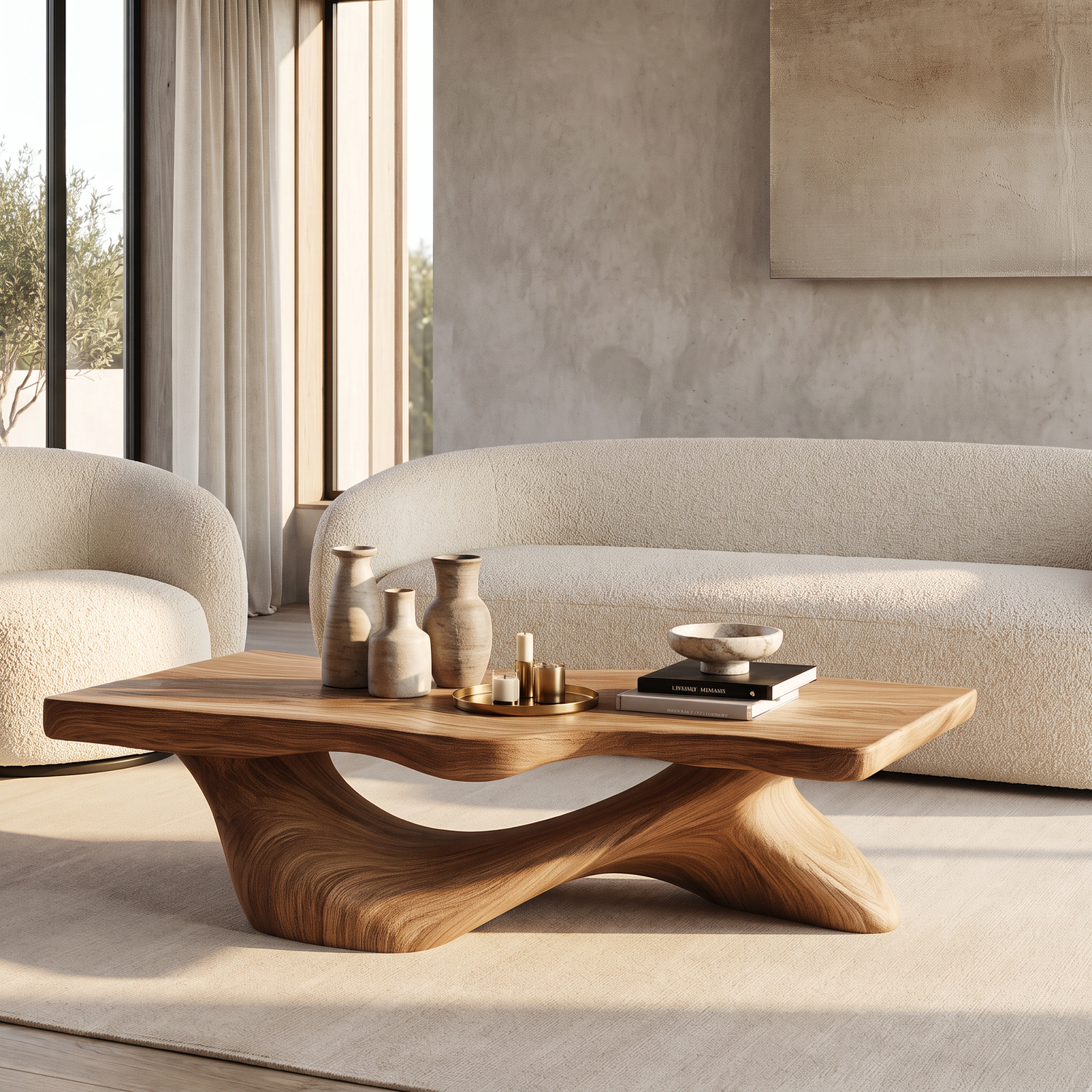 Coffee Table Solid Wood with Sculptural Open Arch Base for Living Room