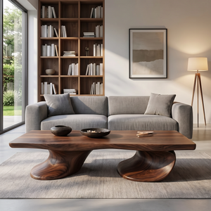 Coffee Table Solid Wood with Twin Sculptural Curve Base