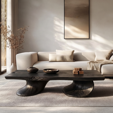 Coffee Table Solid Wood with Twin Sculptural Curve Base