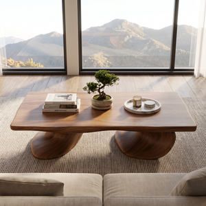 Coffee Table Solid Wood with Twin Sculptural Curve Base