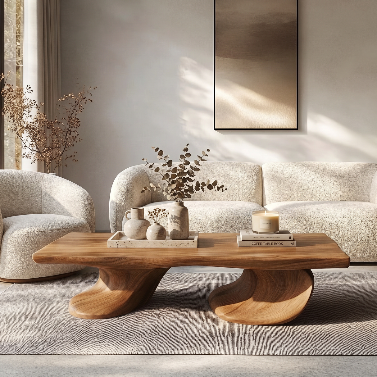 Coffee Table Solid Wood with Twin Sculptural Curve Base