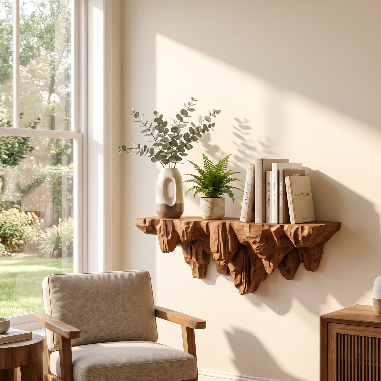 Wall Shelf Solid Wood with Sculptural Carved Cliff Base