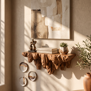 Wall Shelf Solid Wood with Sculptural Carved Cliff Base
