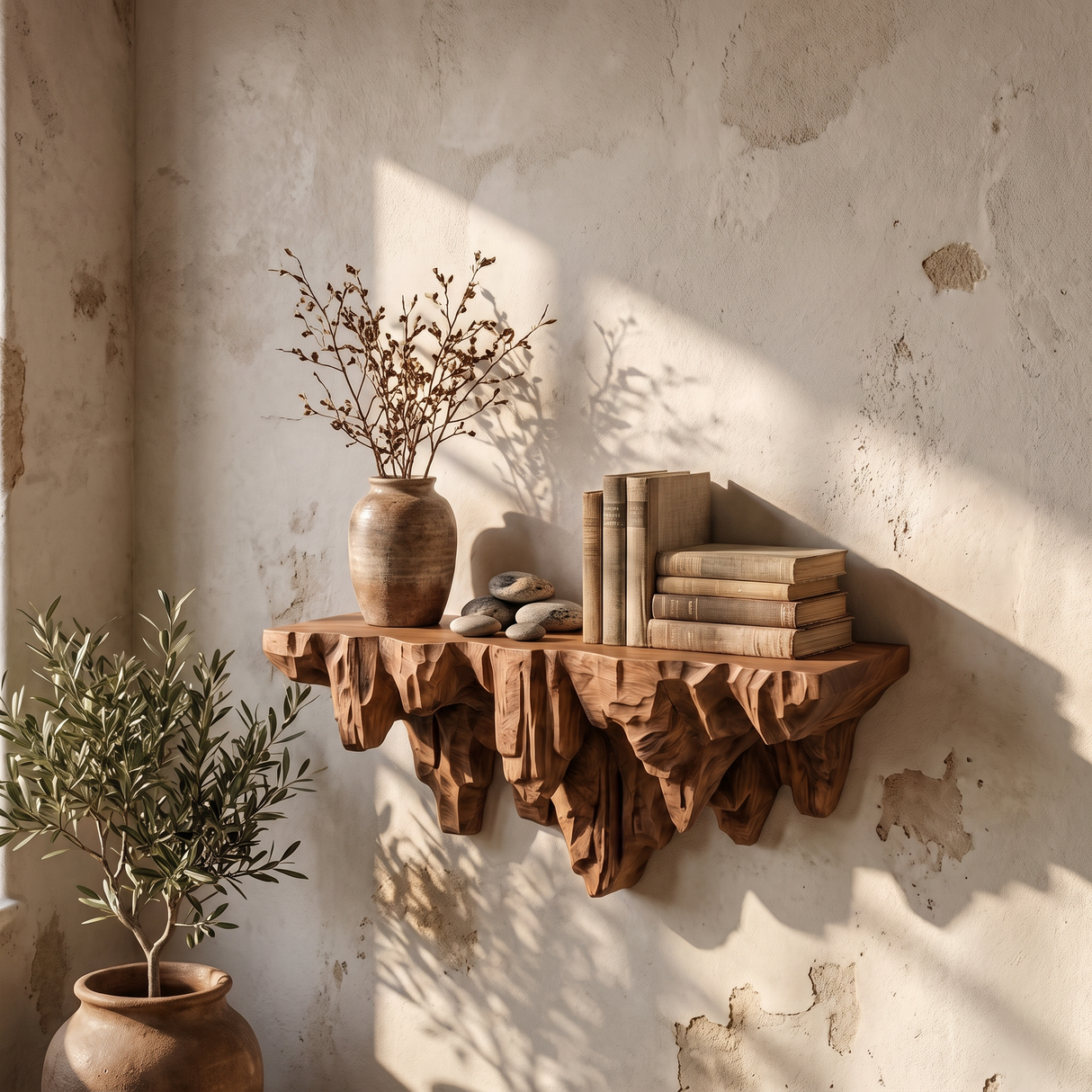 Wall Shelf Solid Wood with Sculptural Carved Cliff Base