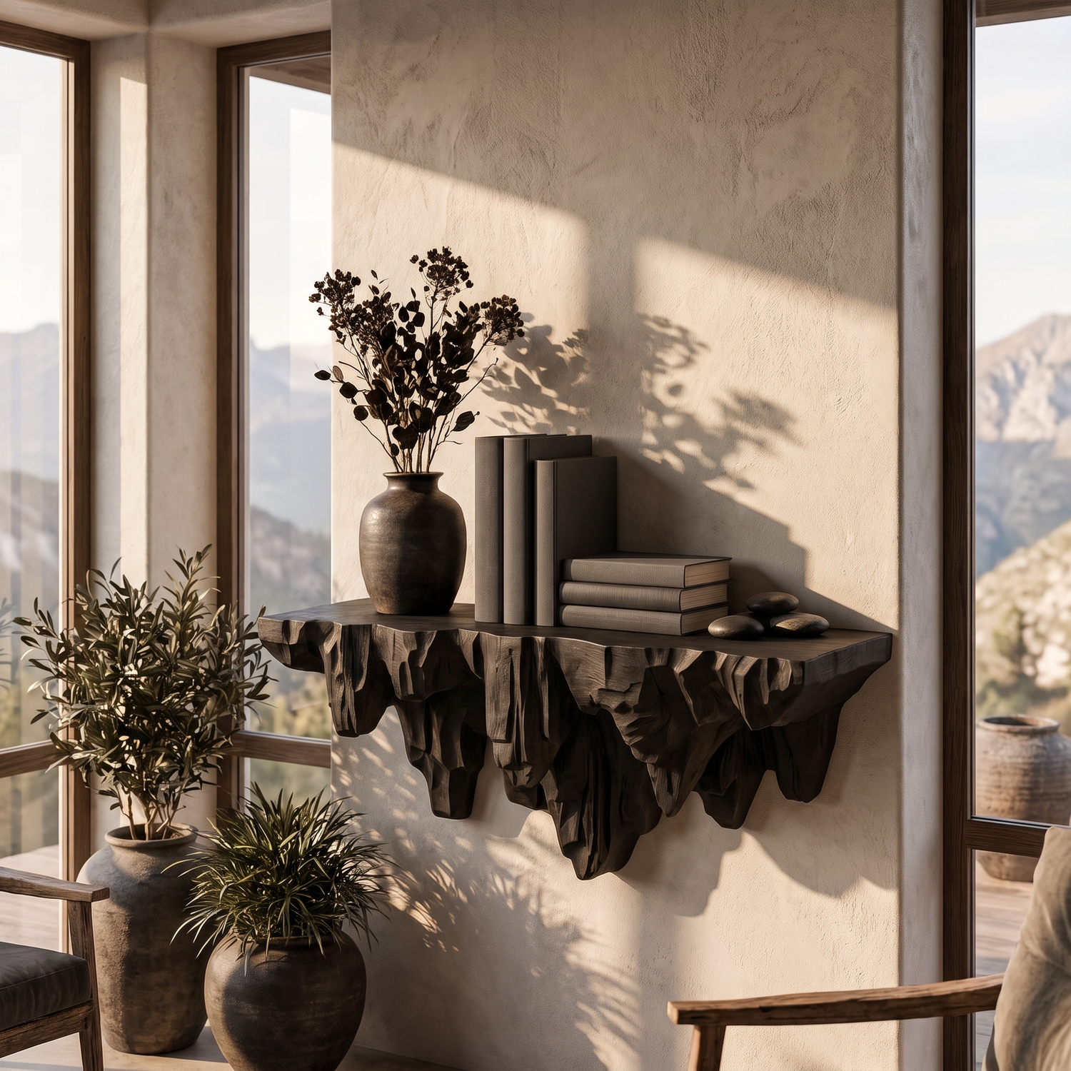 Wall Shelf Solid Wood with Sculptural Carved Cliff Base
