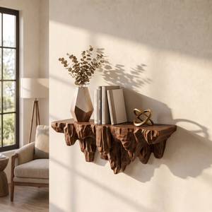 Wall Shelf Solid Wood with Sculptural Carved Cliff Base