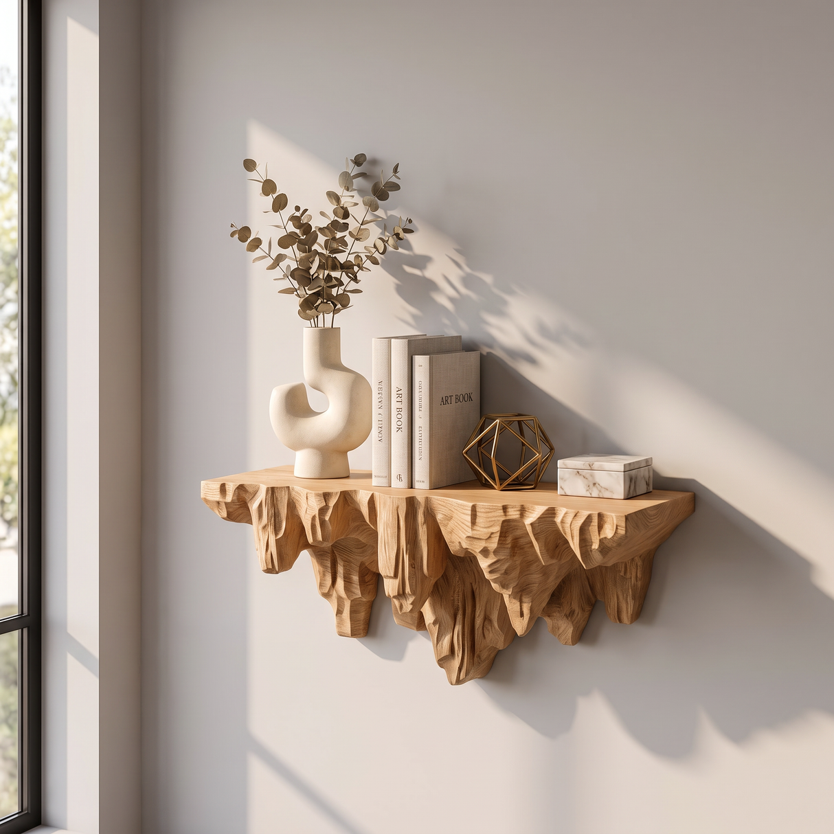 Wall Shelf Solid Wood with Sculptural Carved Cliff Base