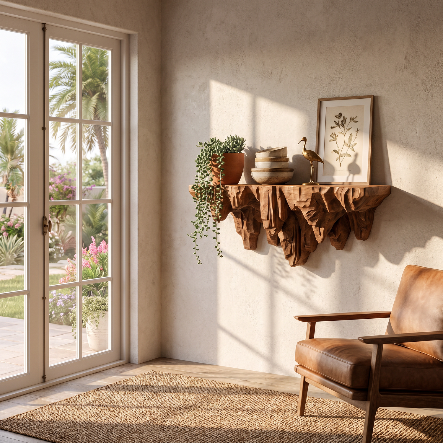 Wall Shelf Solid Wood with Sculptural Carved Cliff Base
