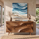 Sideboard Cabinet Solid Wood with Sculpted Wave Front for Dining Room Storage