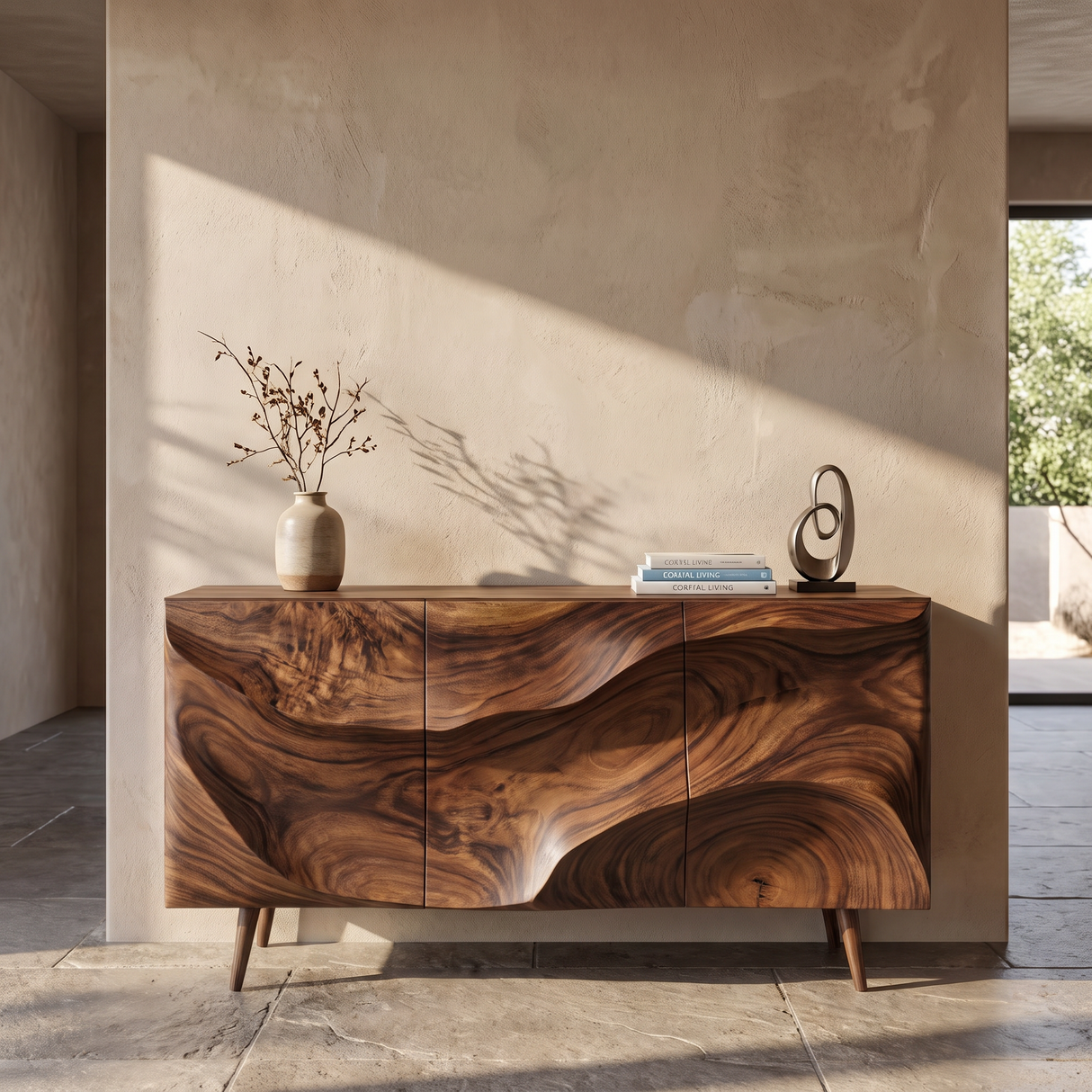 Sideboard Cabinet Solid Wood with Sculpted Wave Front for Dining Room Storage