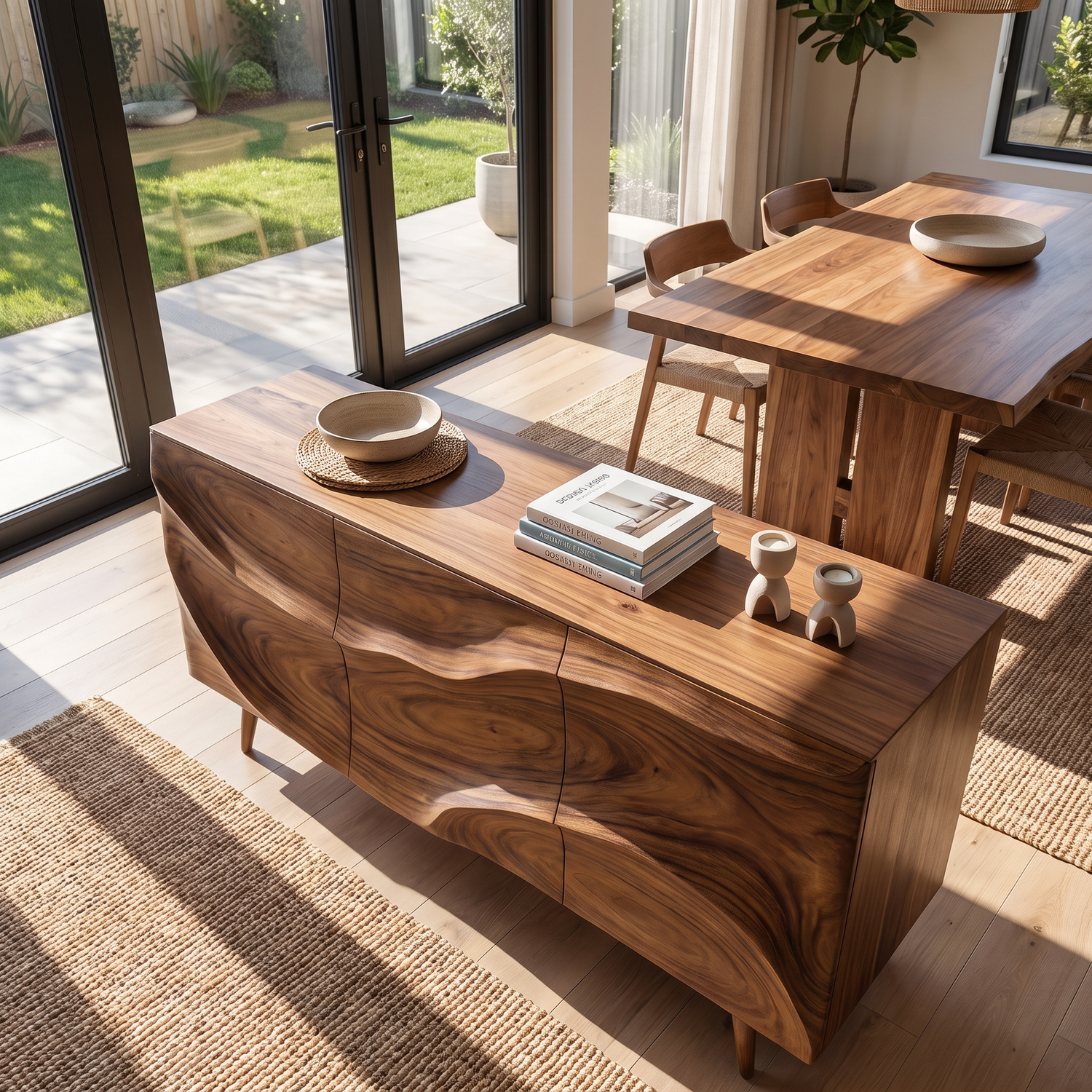 Sideboard Cabinet Solid Wood with Sculpted Wave Front for Dining Room Storage