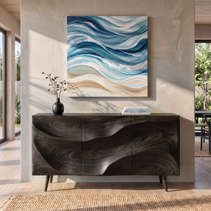 Sideboard Cabinet Solid Wood with Sculpted Wave Front for Dining Room Storage