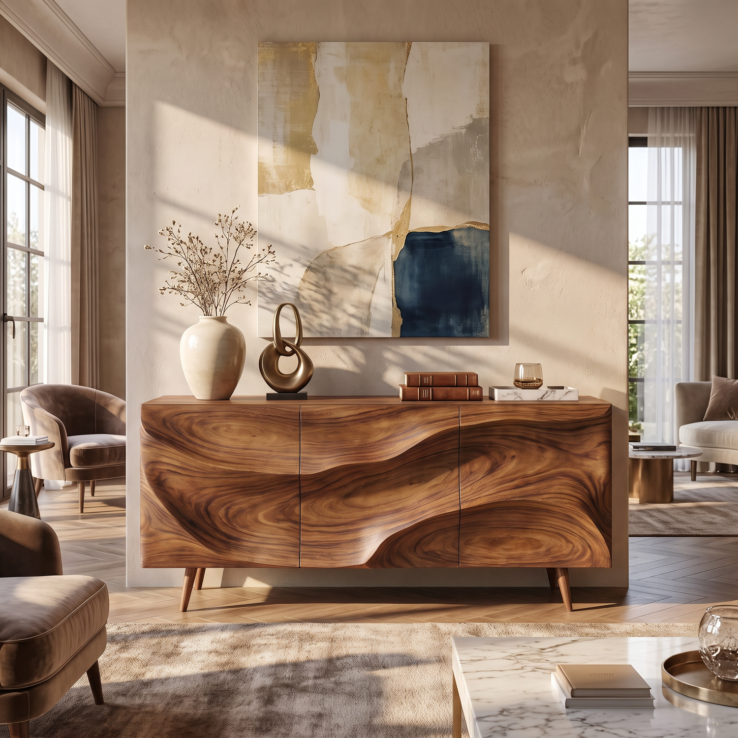 Sideboard Cabinet Solid Wood with Sculpted Wave Front for Dining Room Storage