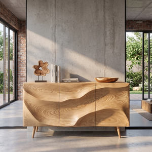Sideboard Cabinet Solid Wood with Sculpted Wave Front for Dining Room Storage