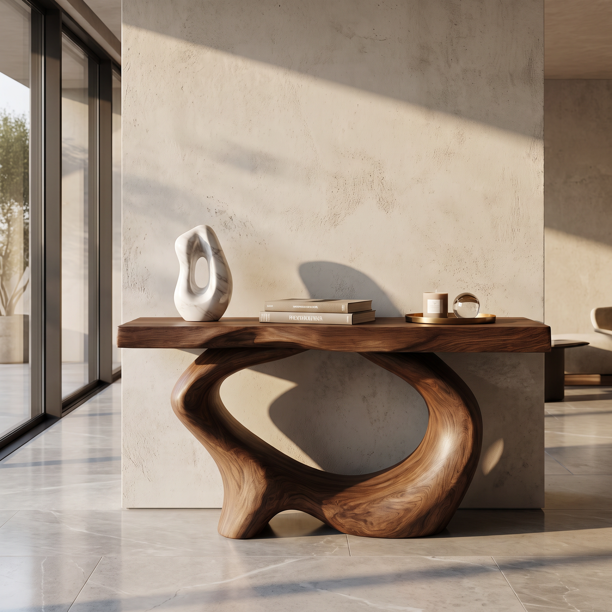 Console Table Solid Wood with Sculptural Oval Loop Base