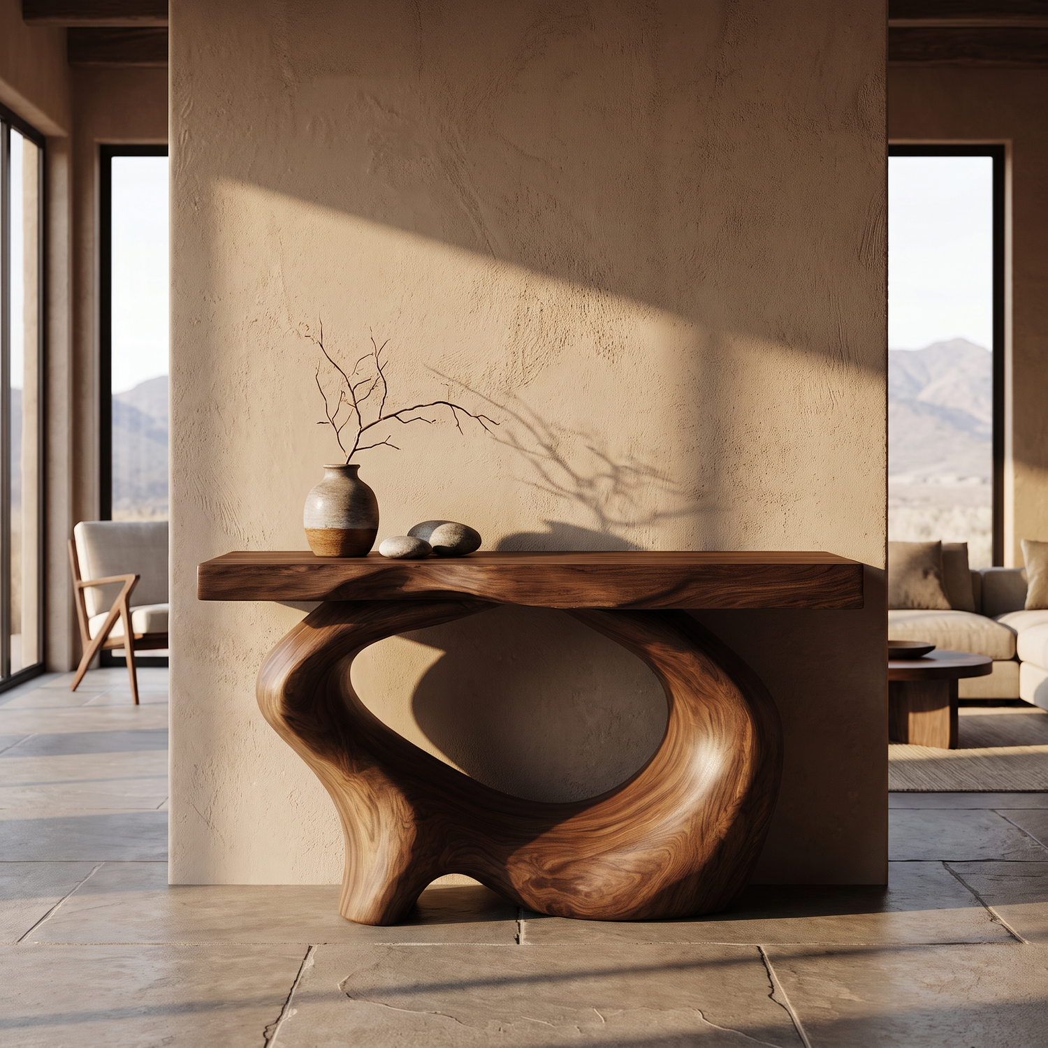 Console Table Solid Wood with Sculptural Oval Loop Base