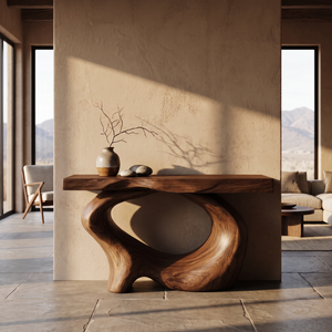 Console Table Solid Wood with Sculptural Oval Loop Base