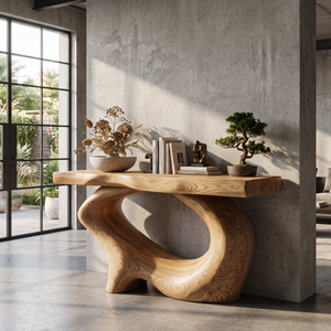 Console Table Solid Wood with Sculptural Oval Loop Base