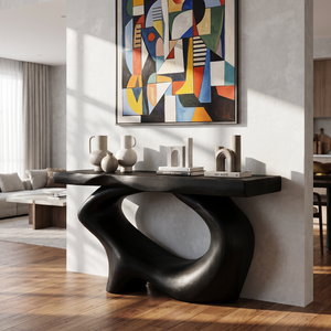Console Table Solid Wood with Sculptural Oval Loop Base