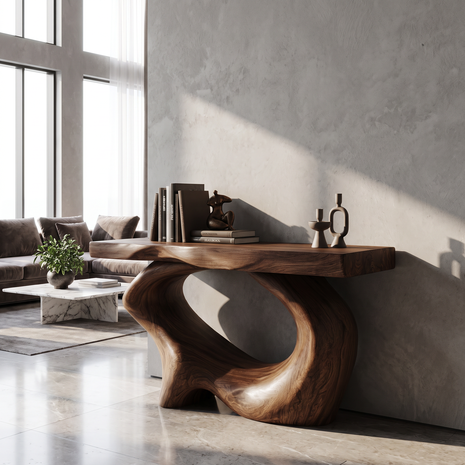 Console Table Solid Wood with Sculptural Oval Loop Base