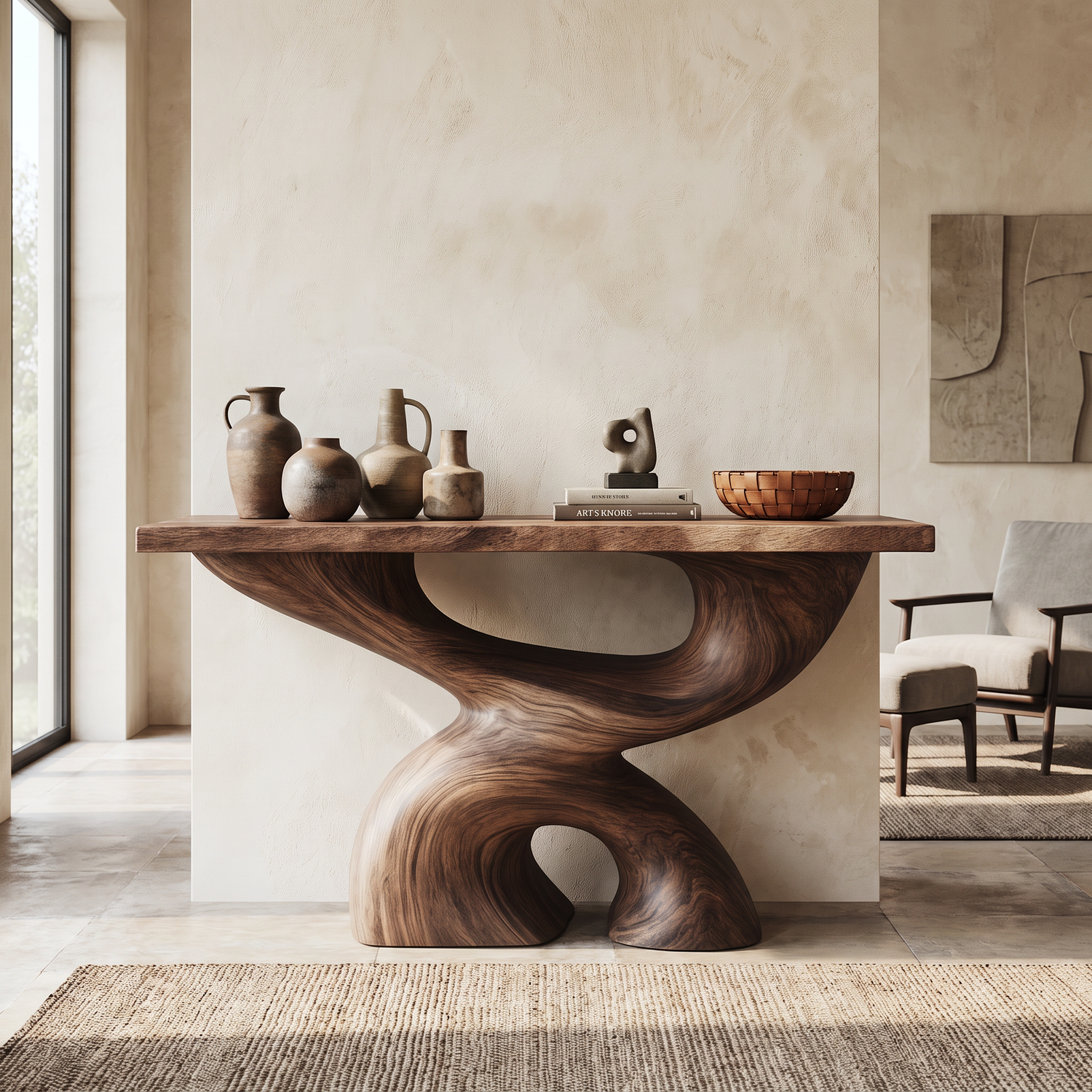 Console Table Solid Wood with Sculptural Double Arch Base for Entryway Decor