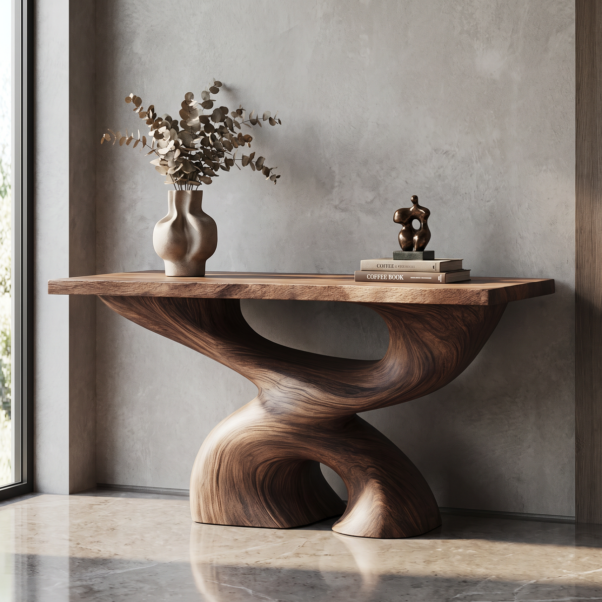 Console Table Solid Wood with Sculptural Double Arch Base for Entryway Decor
