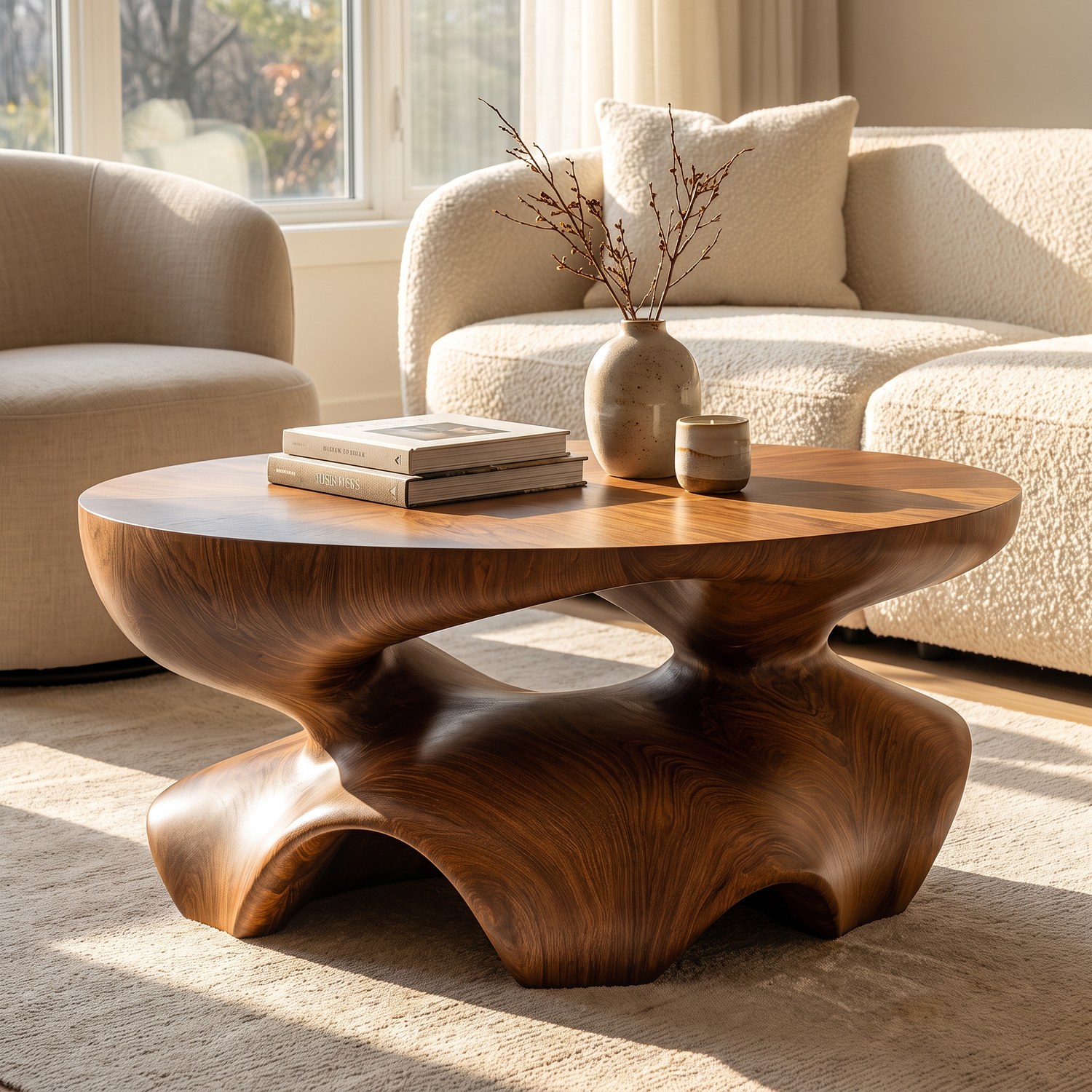 Coffee Table Solid Wood with Sculptural Star Base for Living Room Decor