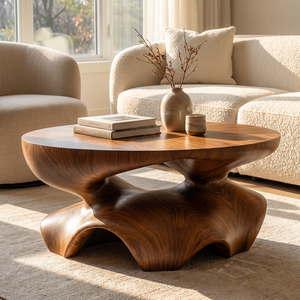 Coffee Table Solid Wood with Sculptural Star Base for Living Room Decor