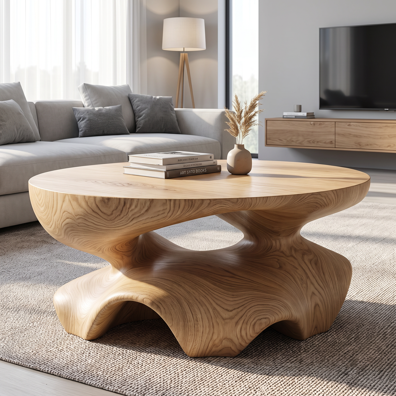 Coffee Table Solid Wood with Sculptural Star Base for Living Room Decor