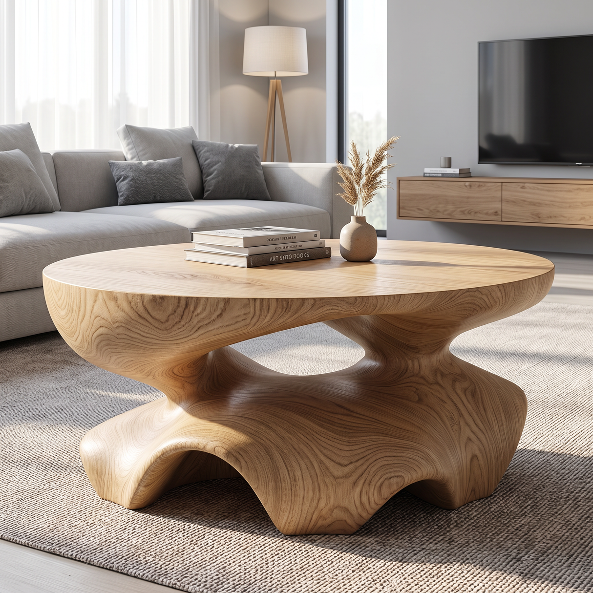 Coffee Table Solid Wood with Sculptural Star Base for Living Room Decor