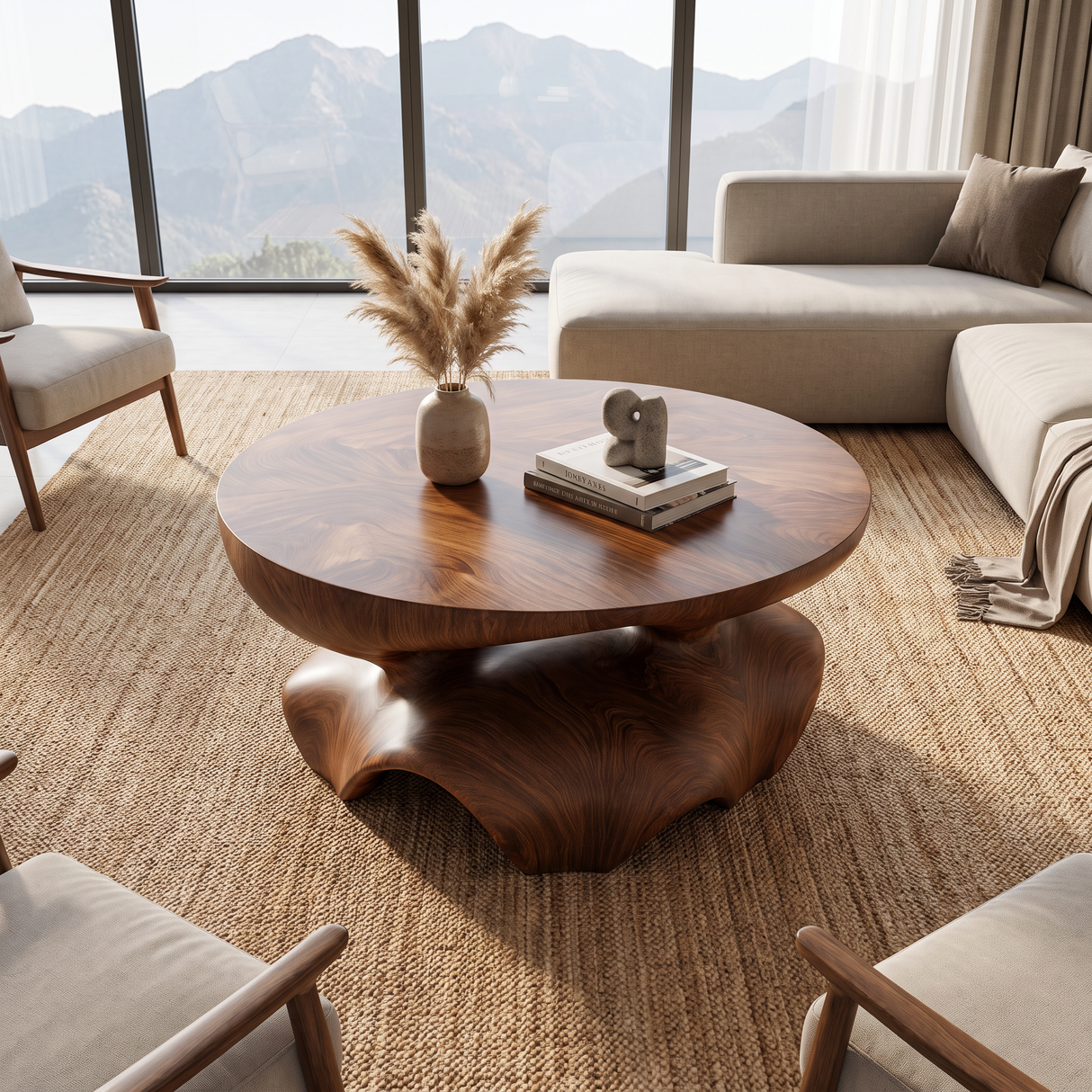 Coffee Table Solid Wood with Sculptural Star Base for Living Room Decor