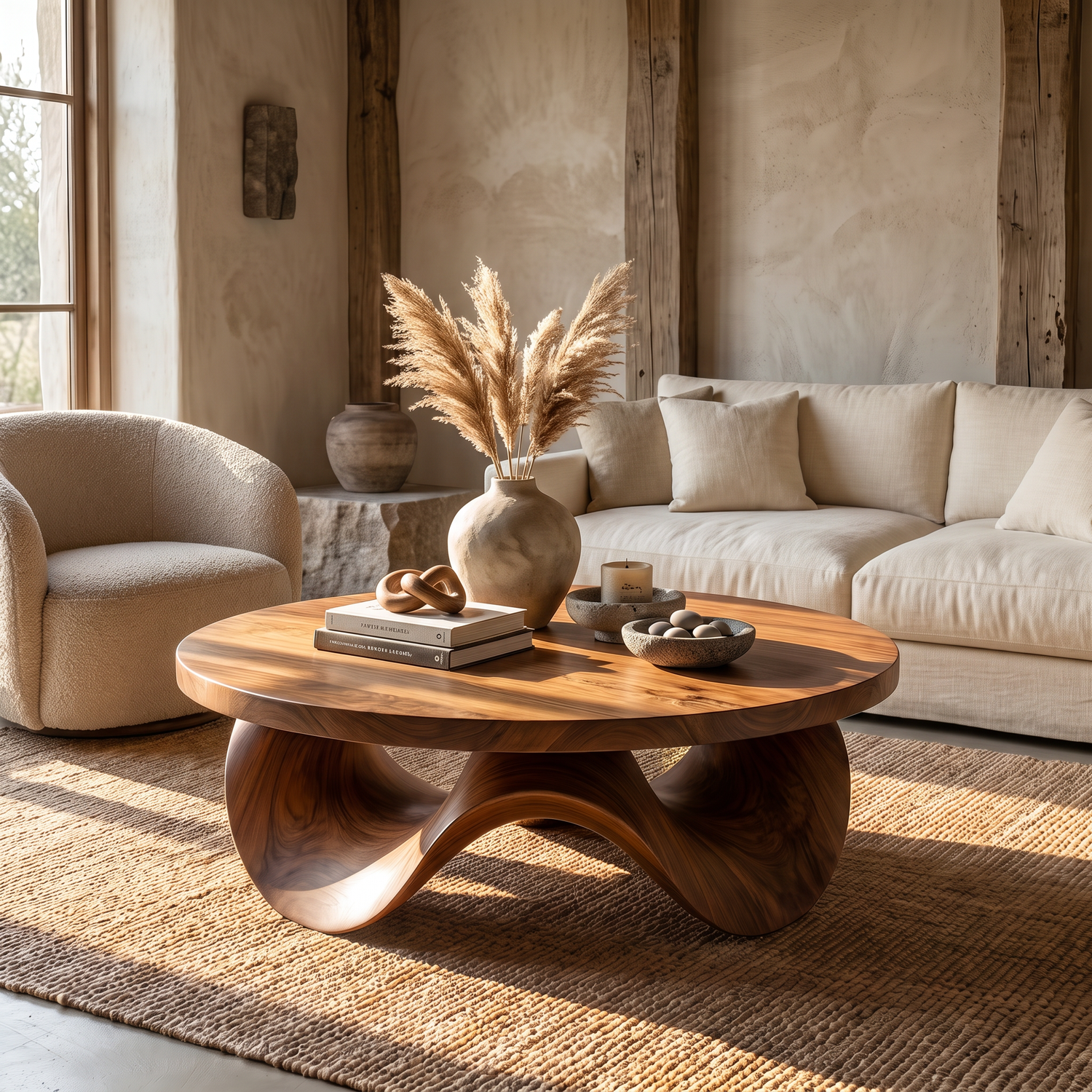 Coffee Table Solid Wood with Sculptural Petal Wave Base