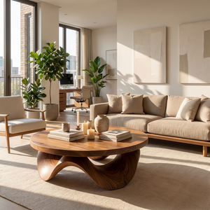 Coffee Table Solid Wood with Sculptural Petal Wave Base