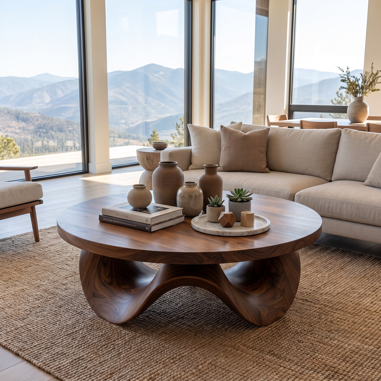 Coffee Table Solid Wood with Sculptural Petal Wave Base