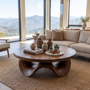 Coffee Table Solid Wood with Sculptural Petal Wave Base